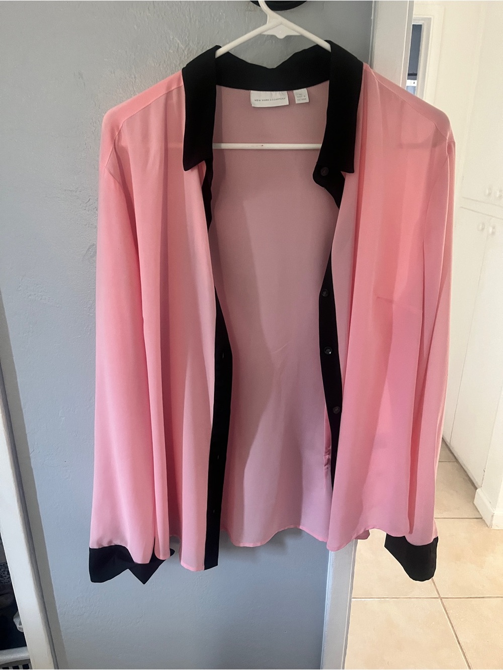 New York & Company Pink Chiffon Blouse with Black Contrast Trim